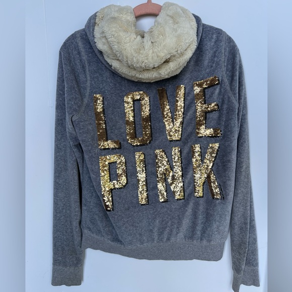 HTF Victoria’s Secret PINK M Sequin Fur Hoodie Bling Shine High Quality Vintage - Picture 1 of 4